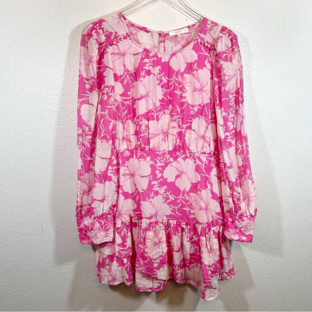 LOVESHACKFANCY cotton silk blend pink hibiscus floral long sleeve mini dress